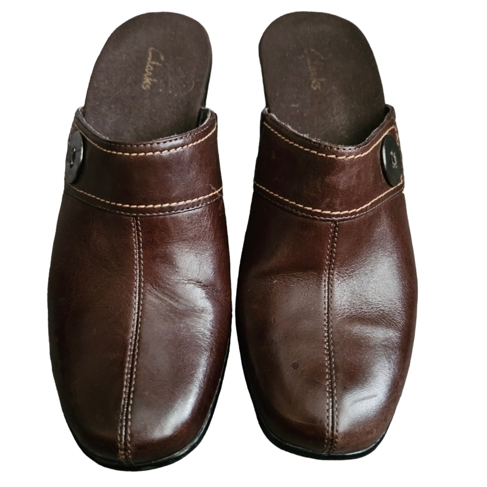 Clarks Dark Brown Leather Side Button Women Slides Sz 7